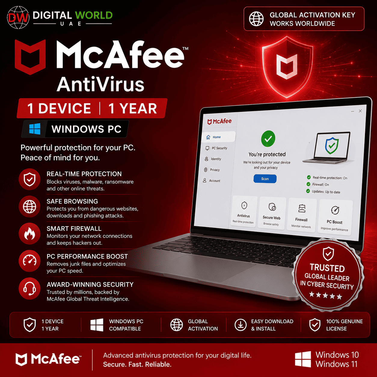 McAfee AntiVirus – 1 Device | 1 Year | Windows PC | Global Activation Key